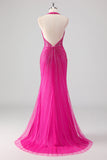Fuchsia zeemeermin halter open rug kralen lange galajurk met split