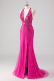 Fuchsia zeemeermin halter open rug kralen lange galajurk met split