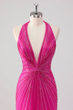 Fuchsia zeemeermin halter open rug kralen lange galajurk met split