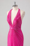Fuchsia zeemeermin halter open rug kralen lange galajurk met split
