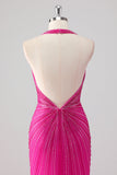 Fuchsia zeemeermin halter open rug kralen lange galajurk met split