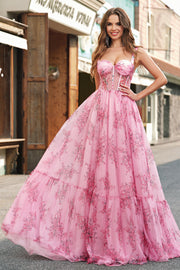 Blush Floral A Line Spaghetti Bandjes Geplooid Korset Prom Dress