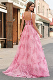 Blush Floral A Line Spaghetti Bandjes Geplooid Korset Prom Dress