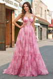 Blush Floral A Line Spaghetti Bandjes Geplooid Korset Prom Dress