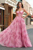 Blush Floral A Line Spaghetti Bandjes Geplooid Korset Prom Dress