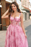 Blush Floral A Line Spaghetti Bandjes Geplooid Korset Prom Dress