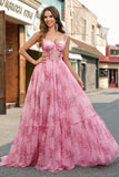 Blush Floral A Line Spaghetti Bandjes Geplooid Korset Prom Dress