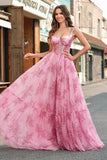 Blush Floral A Line Spaghetti Bandjes Geplooid Korset Prom Dress