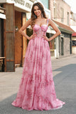 Blush Floral A Line Spaghetti Bandjes Geplooid Korset Prom Dress