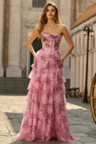 Witblauwe Bloem A-lijn Baskische taille strapless lange galajurk met split