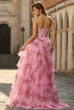 Witblauwe Bloem A-lijn Baskische taille strapless lange galajurk met split