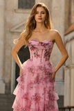Witblauwe Bloem A-lijn Baskische taille strapless lange galajurk met split