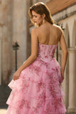 Witblauwe Bloem A-lijn Baskische taille strapless lange galajurk met split