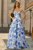 Witblauwe Bloem A-lijn Baskische taille strapless lange galajurk met split
