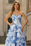 Witblauwe Bloem A-lijn Baskische taille strapless lange galajurk met split