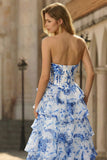 Witblauwe Bloem A-lijn Baskische taille strapless lange galajurk met split