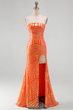 Glinsterende oranje zeemeermin pailletten strapless lange galajurk met split