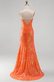 Glinsterende oranje zeemeermin pailletten strapless lange galajurk met split