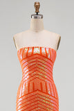 Glinsterende oranje zeemeermin pailletten strapless lange galajurk met split