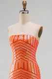 Glinsterende oranje zeemeermin pailletten strapless lange galajurk met split
