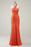 Oranje zeemeermin Cross Halter Open Back Lange Bruidsmeisje Jurk