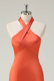 Oranje zeemeermin Cross Halter Open Back Lange Bruidsmeisje Jurk