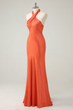 Oranje zeemeermin Cross Halter Open Back Lange Bruidsmeisje Jurk