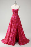 Fuchsia Floral Jacquard Sweetheart Prinses Lange Korset Prom Dress met Split