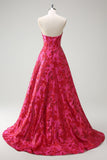 Fuchsia Floral Jacquard Sweetheart Prinses Lange Korset Prom Dress met Split