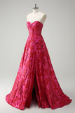 Fuchsia Floral Jacquard Sweetheart Prinses Lange Korset Prom Dress met Split