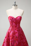 Fuchsia Floral Jacquard Sweetheart Prinses Lange Korset Prom Dress met Split