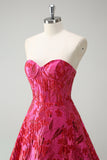 Fuchsia Floral Jacquard Sweetheart Prinses Lange Korset Prom Dress met Split