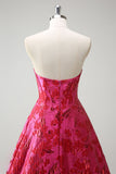 Fuchsia Floral Jacquard Sweetheart Prinses Lange Korset Prom Dress met Split