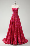 Fuchsia Floral Strapless A-lijn lange galajurk