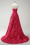 Fuchsia Floral Strapless A-lijn lange galajurk