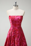 Fuchsia Floral Strapless A-lijn lange galajurk