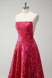 Fuchsia Floral Strapless A-lijn lange galajurk