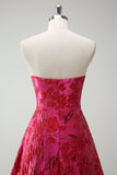 Fuchsia Floral Strapless A-lijn lange galajurk