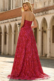 Fuchsia bloemen strapless A-lijn lange plusmaat galajurk