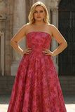 Fuchsia bloemen strapless A-lijn lange plusmaat galajurk