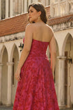 Fuchsia bloemen strapless A-lijn lange plusmaat galajurk