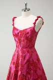 Fuchsia A-Line Spaghettibandjes Floral Jacquard Lange Galajurk met Split