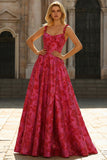 Fuchsia A-Line Spaghettibandjes Floral Jacquard Lange Galajurk met Split