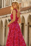 Fuchsia A-lijn bloemen spaghetti bandjes Jacquard brokaat lange galajurk