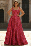 Fuchsia A-Line Spaghettibandjes Floral Jacquard Lange Galajurk met Split