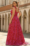 Fuchsia bloemen Jacquard A-lijn spaghetti bandjes lange plusmaat galajurk met split