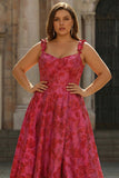 Fuchsia bloemen Jacquard A-lijn spaghetti bandjes lange plusmaat galajurk met split