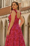 Fuchsia bloemen Jacquard A-lijn spaghetti bandjes lange plusmaat galajurk met split