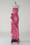 Sprankelende Fuchsia Metallic strapless galajurk met split