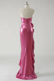 Sprankelende Fuchsia Metallic strapless galajurk met split